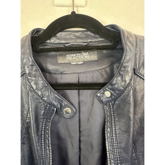 Kenneth Cole Reaction Navy Faux Leather Moto Jacket XL Stretch Designer - Picture 1 of 16